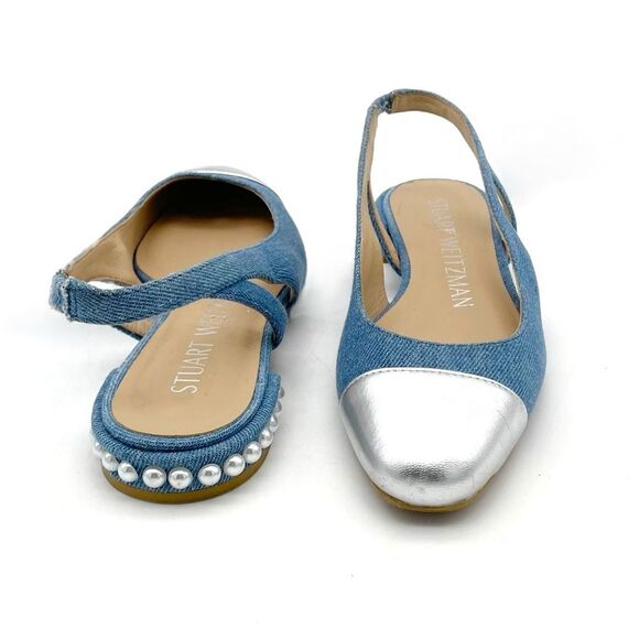 Stuart Weitzman Denim Pearl Slingback Flats Size 6 Silver Cap Toe Made in Spain - Picture 11 of 15